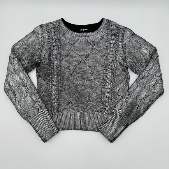 Desigual Women’s Chic Silver Tone Contrast Cable Knit Detail Sweater Medium - Picture 7 of 10